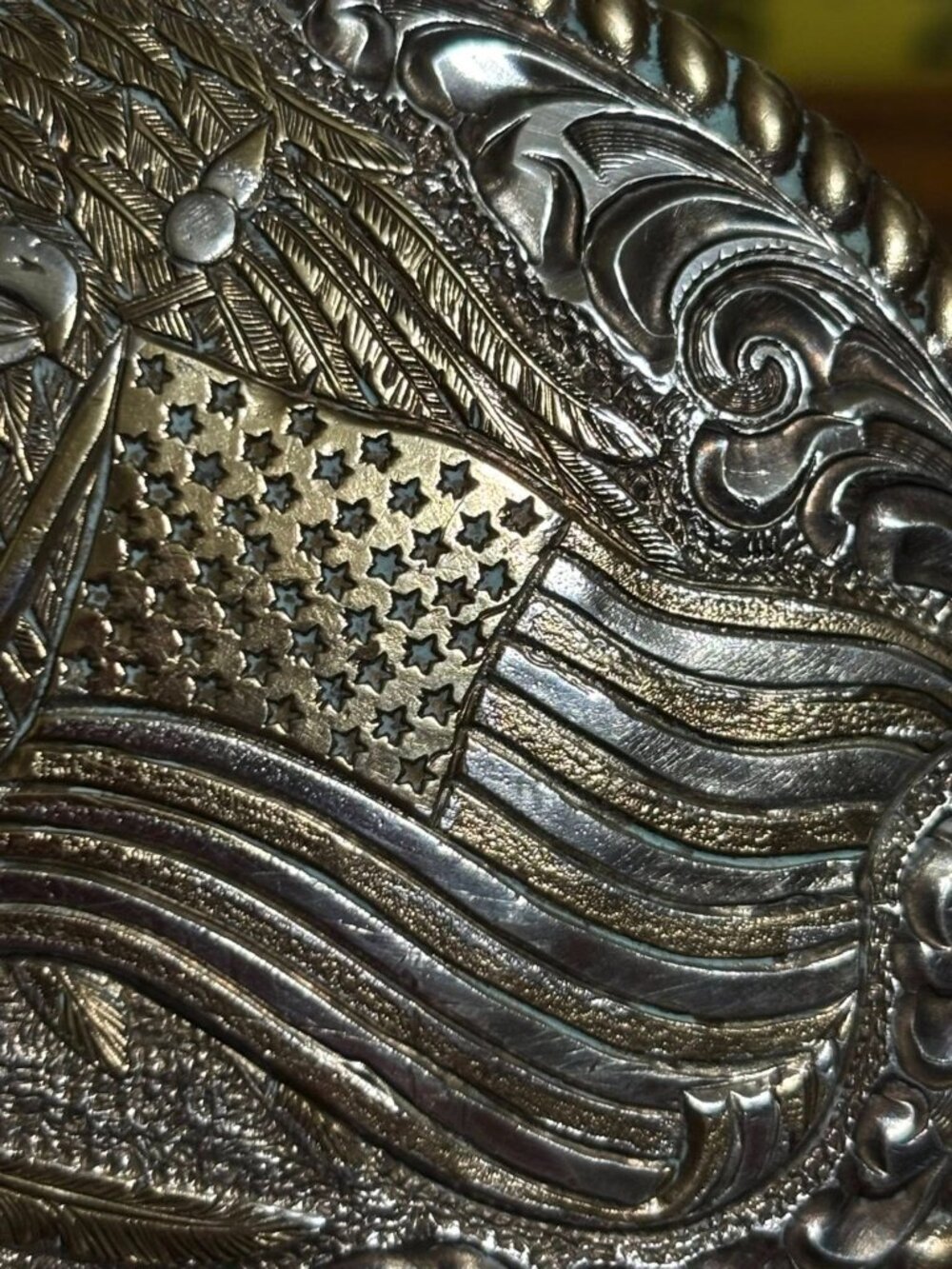 Vintage Crumrine Eagle Belt Buckle American Flag Heavy Silver Plate on Bronze We - Picture 3 of 8